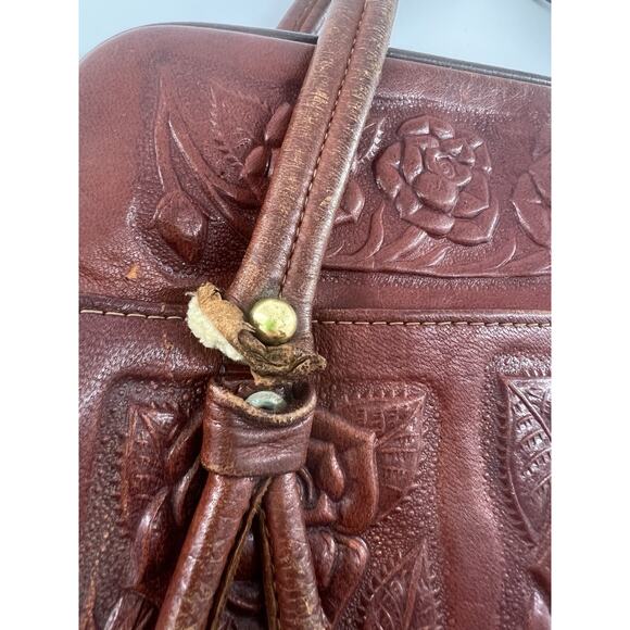 Vtg Aztec Hand Tooled Brown Leather Satchel Purse Mexico Mayan Boho Bag Roses - Picture 6 of 16